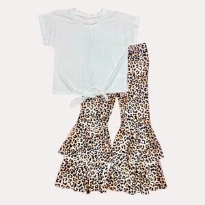 Girls Leopard Ruffle Bell Bottom Set